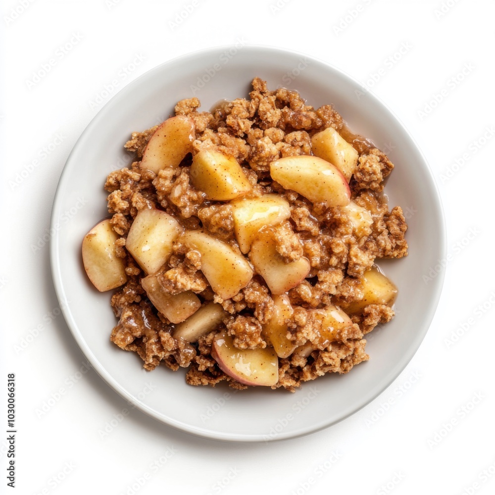 Homemade apple crisp with cinnamon topping on white plate for autumn dessert Homemade apple crisp with cinnamon topping on white plate for autumn dessert