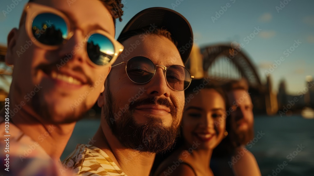 Happy young man in sunglasses taking selfie with friends on a beach in Dubai. Happy young man in sunglasses taking selfie with friends on a beach in Dubai.