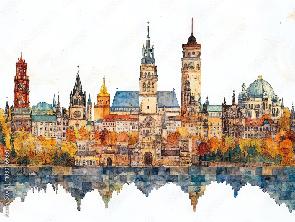Obraz premium German city skyline with iconic landmarks and reflections 