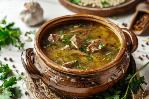 Rich Rustic Soup in Clay Pot, Hot Beef Broth, Meat Bouillon with Greenery Spices in Ceramic Cookware