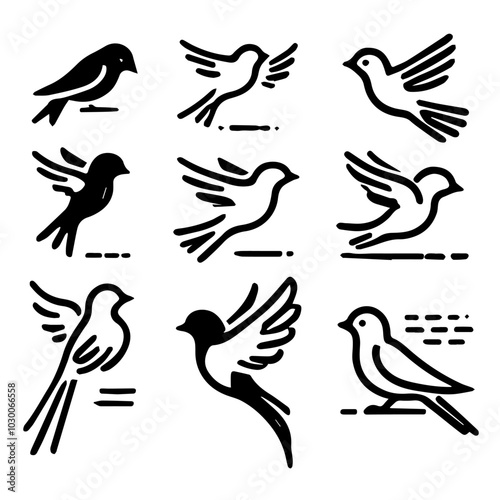 Black and white bird icons in various flying and sitting postures