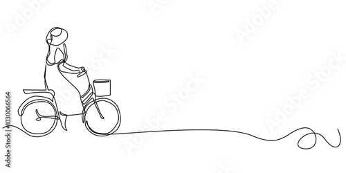 one continuous line drawing of young woman cycling leisurely outdoors.one line drawing of woman riding a bicycle in the park.single line vector illustration.isolated white background