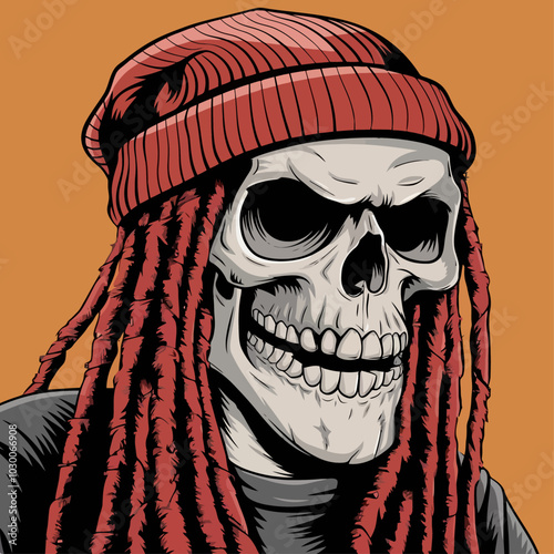 Skull with dreadlocks and a red beanie, glaring menacingly.