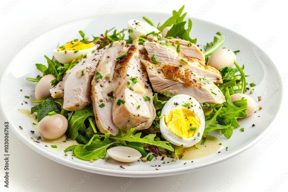 Chicken Mayonnaise Salad with Sliced Poultry Meat, Quail Eggs, Greens, Olivier Salat with Sliced Meat Chicken Mayonnaise Salad with Sliced Poultry Meat, Quail Eggs, Greens, Olivier Salat with Sliced Meat
