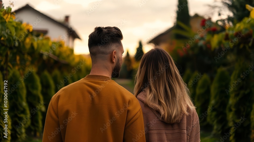 Silhouettes of a couple standing back-to-back, gazing at the sunset. Silhouettes of a couple standing back-to-back, gazing at the sunset.