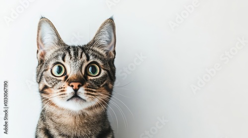 Surprised tabby cat looking at camera. Portrait of a curious kitten with big eyes isolated on white.