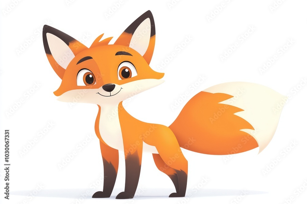 Obraz premium A bright orange cartoon fox stands playfully on a white background