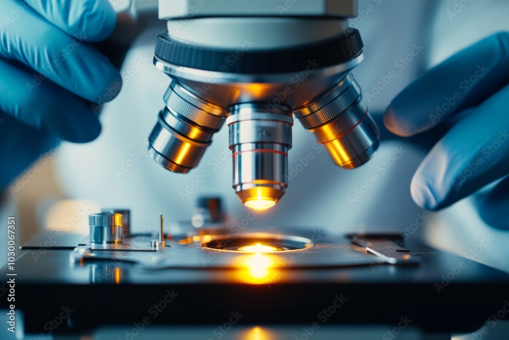 Microscope Close-Up in Laboratory Setting with Blue-Gloved Hands, Orange Light, and Blurred Scientific Equipment Background Microscope Close-Up in Laboratory Setting with Blue-Gloved Hands, Orange Light, and Blurred Scientific Equipment Background