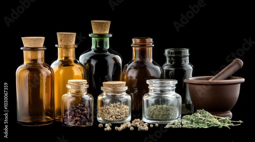 Assorted Glass Bottles with Cork Stoppers and Jar Lids, Mortar and Pestle, Herbs and Spices on Black Background