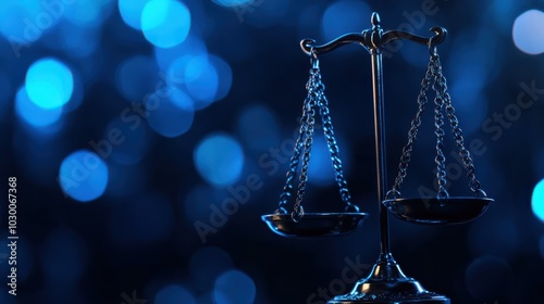 Symbol of justice with scales on a blurred blue background, representing fairness and balance in the legal system.