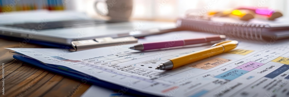 Risk management plan on a table, featuring risk assessments, mitigation strategies, and contingency plans with copy space