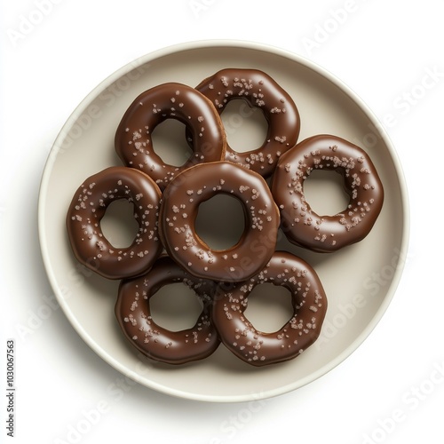 Seven chocolate donuts with sea salt on a white plate for dessert enjoyment.