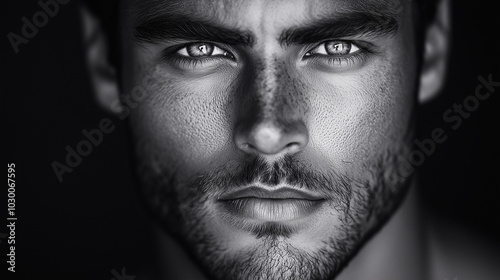 Black and white portrait of a handsome young man with a captivating gaze, highlighting his masculine features and intense expression