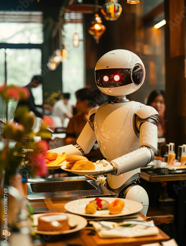 Robotic waiters serving food in restaurants, ensuring efficient and errorfree order delivery photo