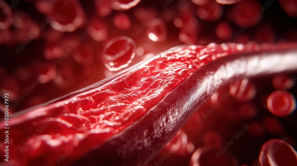 A close-up of a red blood vessel highlights the vibrant hues and intricate textures of flowing blood cells, emphasizing the dynamic movement vital to the circulatory system. A close-up of a red blood vessel highlights the vibrant hues and intricate textures of flowing blood cells, emphasizing the dynamic movement vital to the circulatory system.