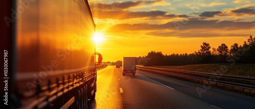 Trucks on a highway during a vibrant sunset, highlighting the journey and freedom of the open road.