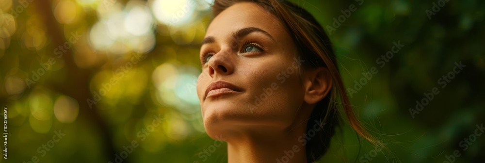 Portrait of a woman looking up with a forest in the background. Portrait of a woman looking up with a forest in the background.