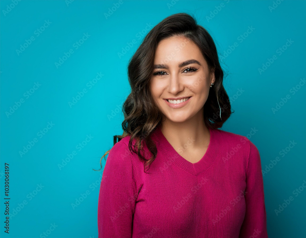 Headshot Portrait of a Smiling Woman with Contemporary Style, Isolated on Color Background with Ample Copy Space Headshot Portrait of a Smiling Woman with Contemporary Style, Isolated on Color Background with Ample Copy Space