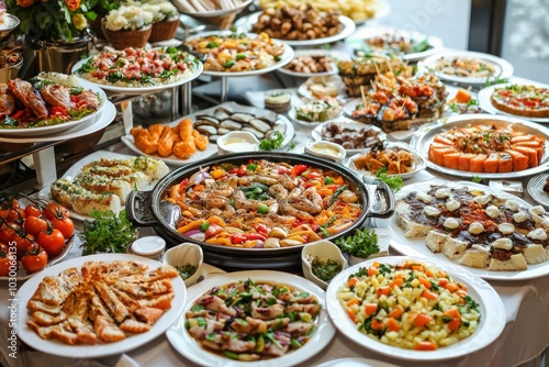 A buffet table filled with mouth-watering dishes on numerous plates