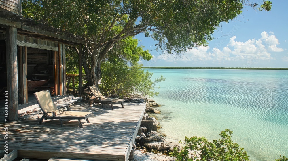 Naklejka premium Serene Coastal Retreat with Lounge Chairs by Water