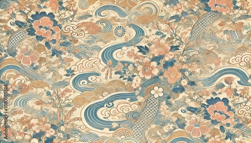 Traditional Kaga Yuzen floral pattern, seamless Japanese textile background