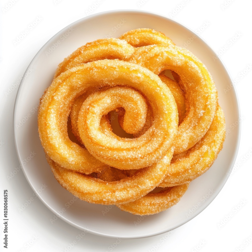 Sugary spiral churros on a white plate, viewed from above Sugary spiral churros on a white plate, viewed from above