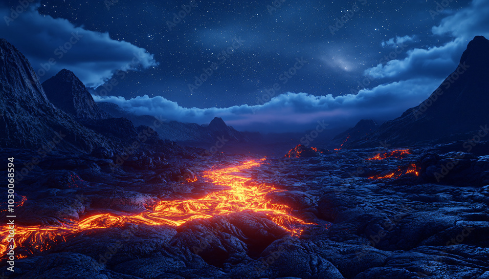 Fototapeta premium A glowing river of molten lava slowly flows through a rocky valley surrounded by dark, volcanic mountains