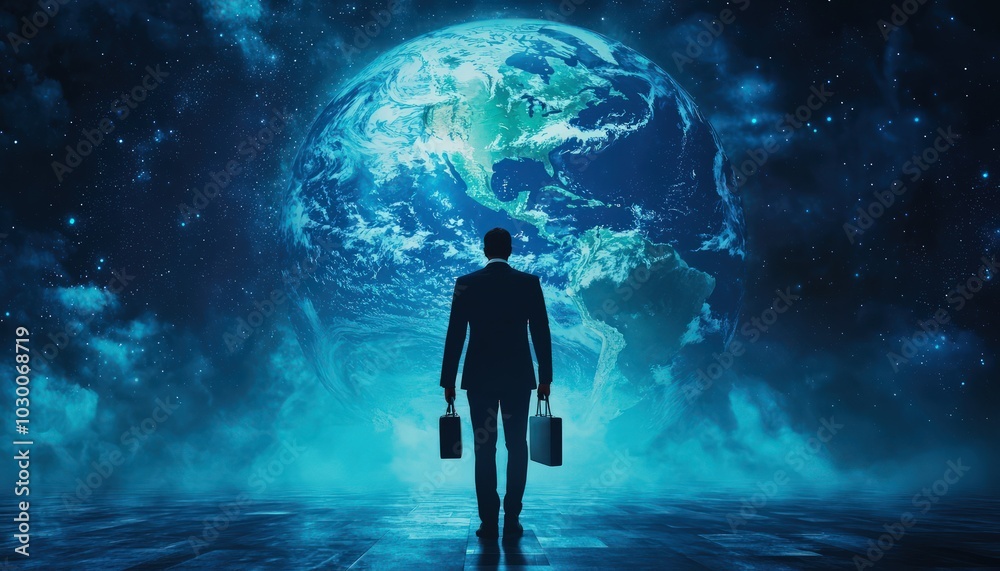 Fototapeta premium A businessman with a briefcase stands before a globe, symbolizing international trade