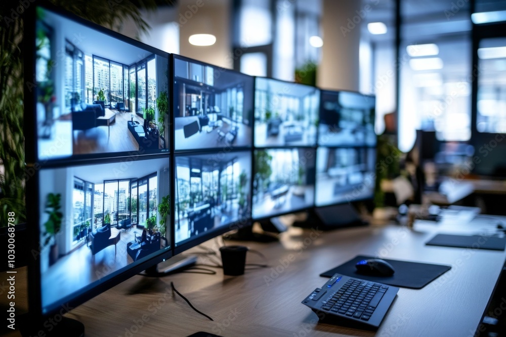 Office desk with multiple monitors showing different rooms, natural light from large windows, well-lit and organized space. Office desk with multiple monitors showing different rooms, natural light from large windows, well-lit and organized space.