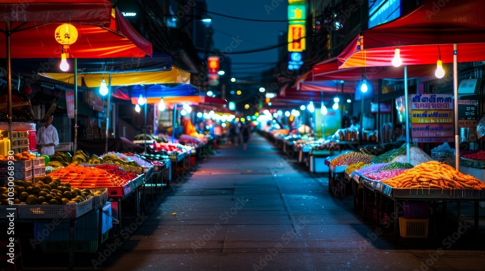 Fototapeta premium Urban night scene on Yaowarat, Thailand market road, market stalls, blank area