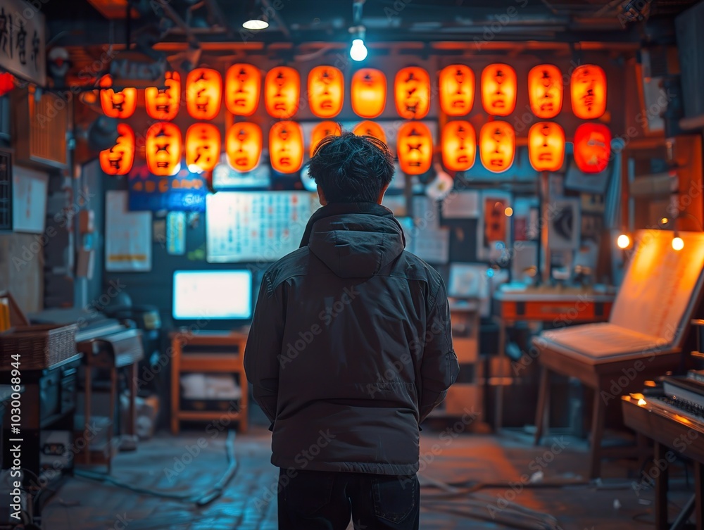 A Man Stands Alone in a Japanese Street at Night, Surrounded by Red Lanterns A Man Stands Alone in a Japanese Street at Night, Surrounded by Red Lanterns