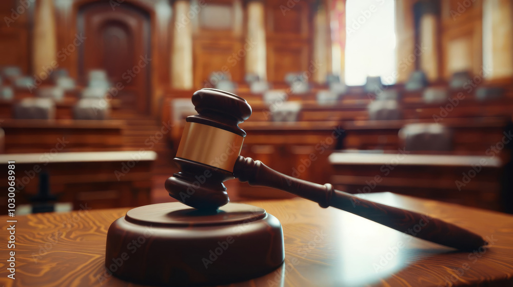 Gavel on a wooden block in a courtroom setting. Gavel on a wooden block in a courtroom setting.