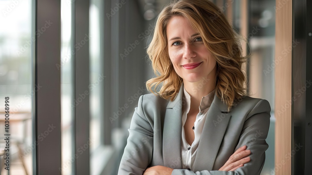Confident businesswoman with arms crossed standing in front of a window. Confident businesswoman with arms crossed standing in front of a window.