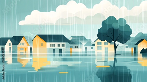 2410_297.2d cartoon flood disaster, suburban homes partially underwater, animated rain streaks, puffy cloud shapes, minimalist tree silhouette, geometric shapes, infographic style
