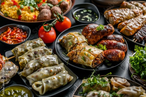 Asian Set with Kazy and Dolma, Sarma, Dolmades, Dolmadakia or Tolma Stuffed with Lamb, Sausages photo