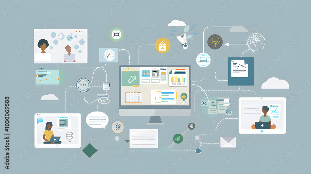A group of people are sitting at a table with laptops and cell phones. Concept of productivity and collaboration A group of people are sitting at a table with laptops and cell phones. Concept of productivity and collaboration