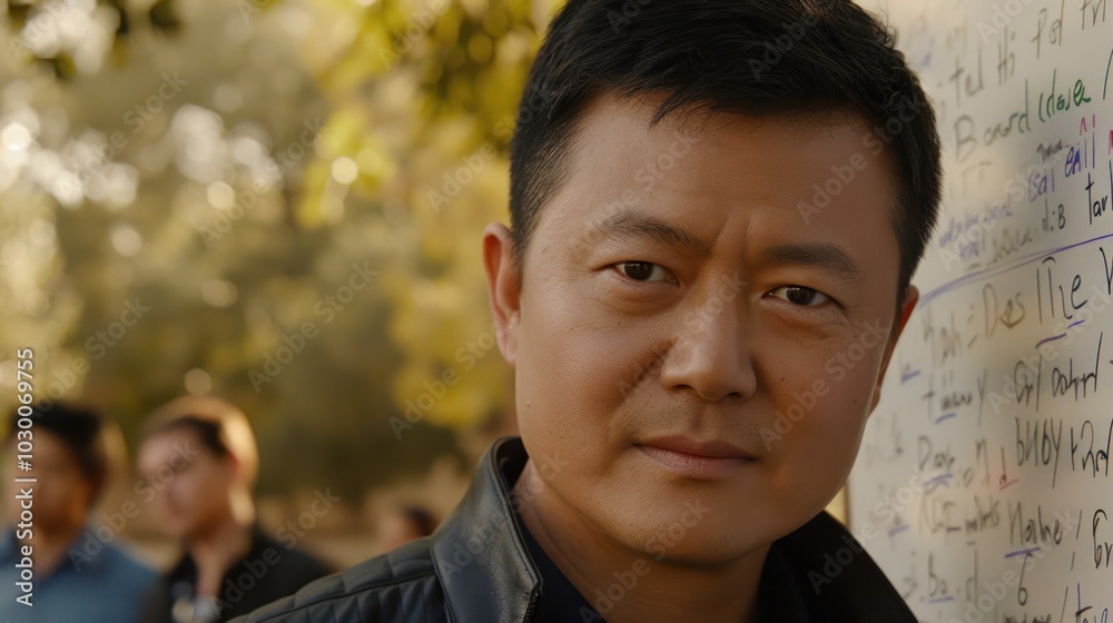A man with a serious expression leans against a whiteboard, his eyes focused. A man with a serious expression leans against a whiteboard, his eyes focused.
