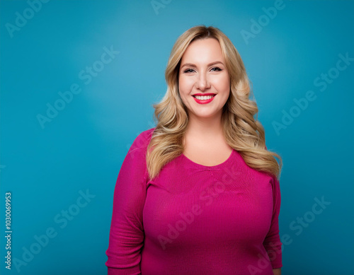 Headshot Portrait of a Smiling Woman with Contemporary Style, Isolated on Color Background with Ample Copy Space