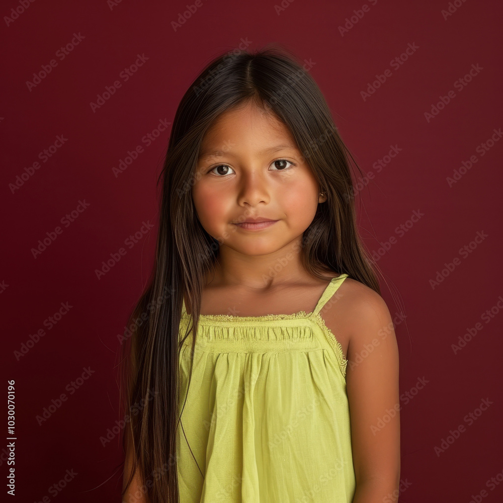 Portrait of a charming young girl with long hair in green dress against a deep red background Portrait of a charming young girl with long hair in green dress against a deep red background