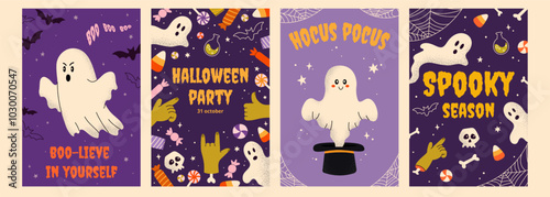 Collection 4 cards with grainy textures for Halloween on colorful background. Ghosts, sweets, skulls and text in retro style. For poster, cover, advertising, label, invitation.