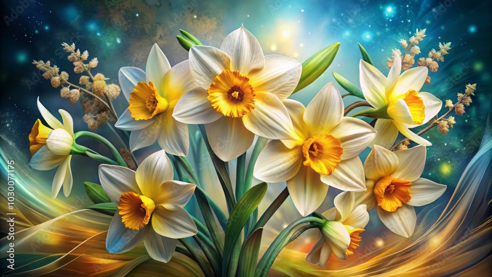 Fototapeta premium Elegant Daffodil Surreal Photography: Realistic Vector Illustrations of Flowers, Leaves, Plants for Stunning Backgrounds, Patterns, Wedding Invitations, Floral Designs, Nature Art, and More