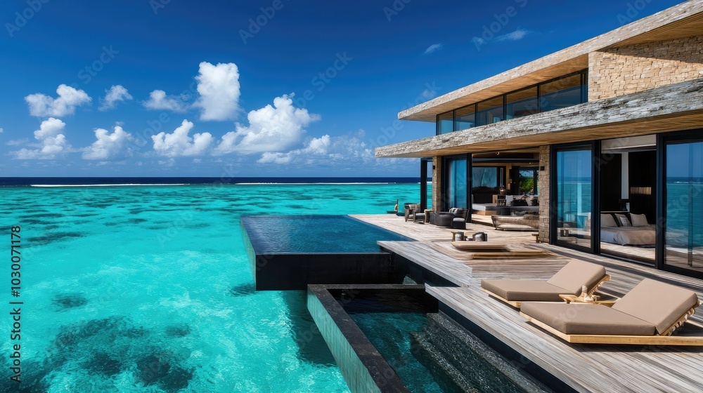 Fototapeta premium Luxury villa by the tranquil turquoise ocean