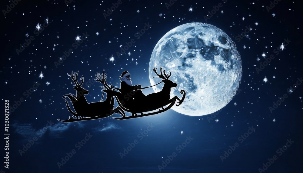 Santa Claus flying in sleigh pulled by large reindeer, full moon and twinkling stars in dark blue night sky. Santa Claus flying in sleigh pulled by large reindeer, full moon and twinkling stars in dark blue night sky.