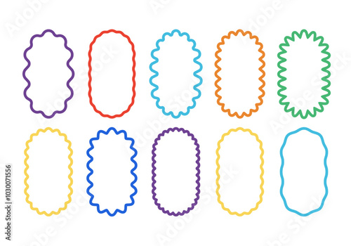 A set of colorful retro oval frames featuring rounded, wavy and wavy patterns. Scalloped edges with a wavy pattern. Adorable curved frames with retro-style wavy edges.	