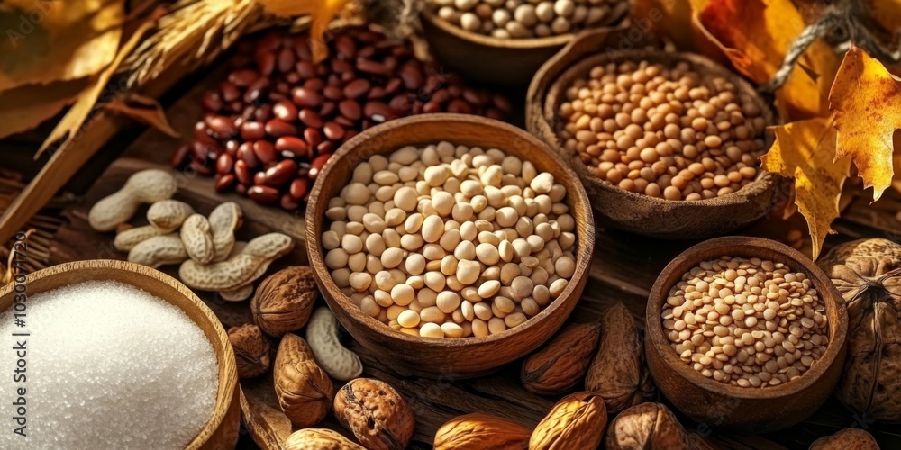 Obraz premium Autumn-themed wooden table with nuts, seeds, sugar, beans, lentils, and fall leaves - warm and cozy earthy palette vibes.