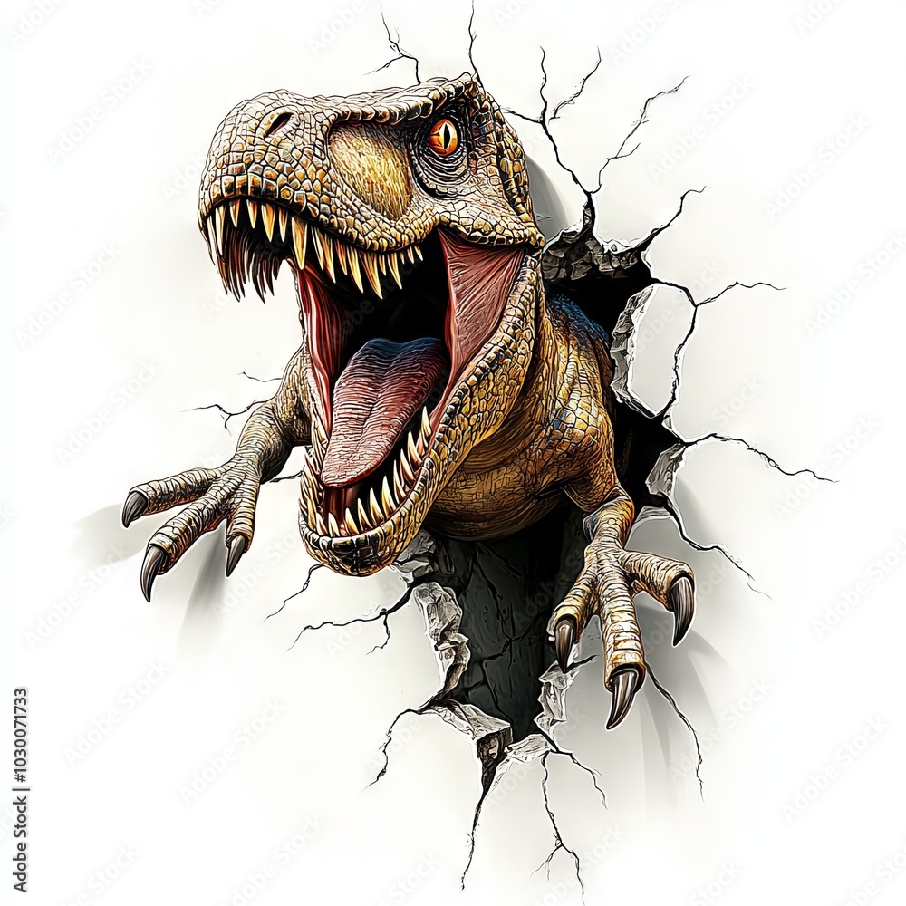 dinosaur jumping out of the wall on white background