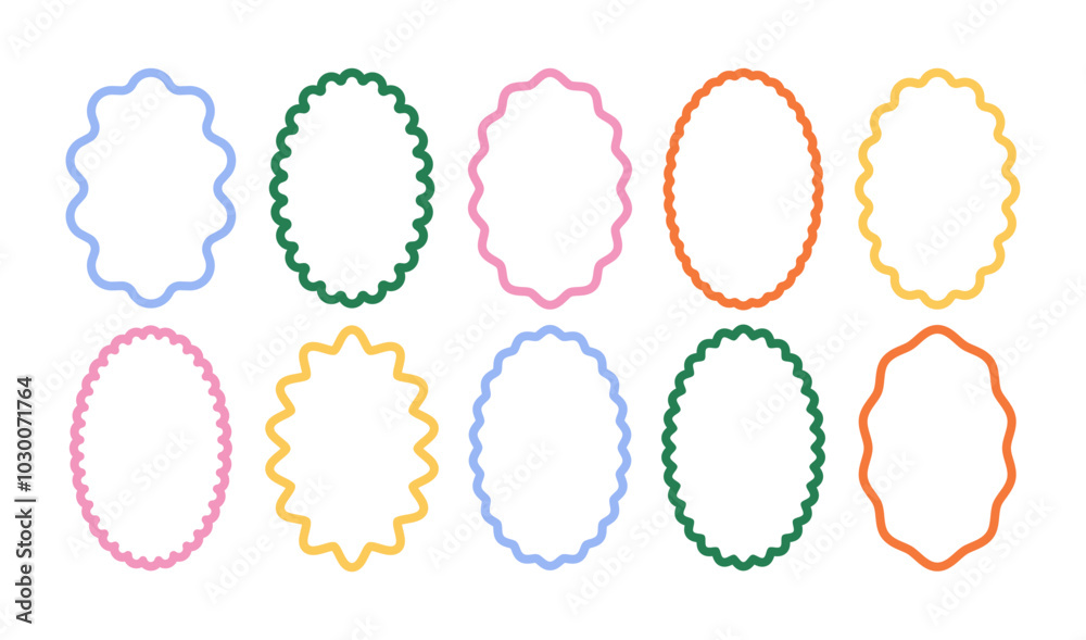 A set of colorful retro oval frames featuring rounded, wavy and wavy patterns. Scalloped edges with a wavy pattern. Adorable curved frames with retro-style wavy edges.	