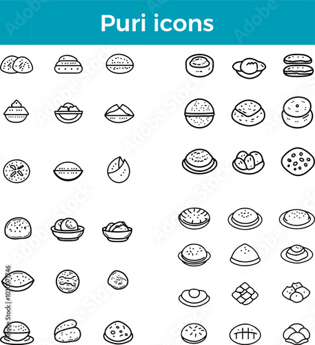 Puri icons line Indian fried bread vector traditional food puffed flatbread cuisine snack illustration set