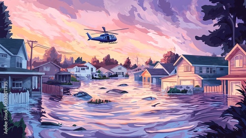 2410_256.illustrated flood rescue scenes, multiple vignettes, stormy lavender skies, submerged suburban houses, rescue boat operations, helicopter evacuation, gentle vector art style, environmental photo