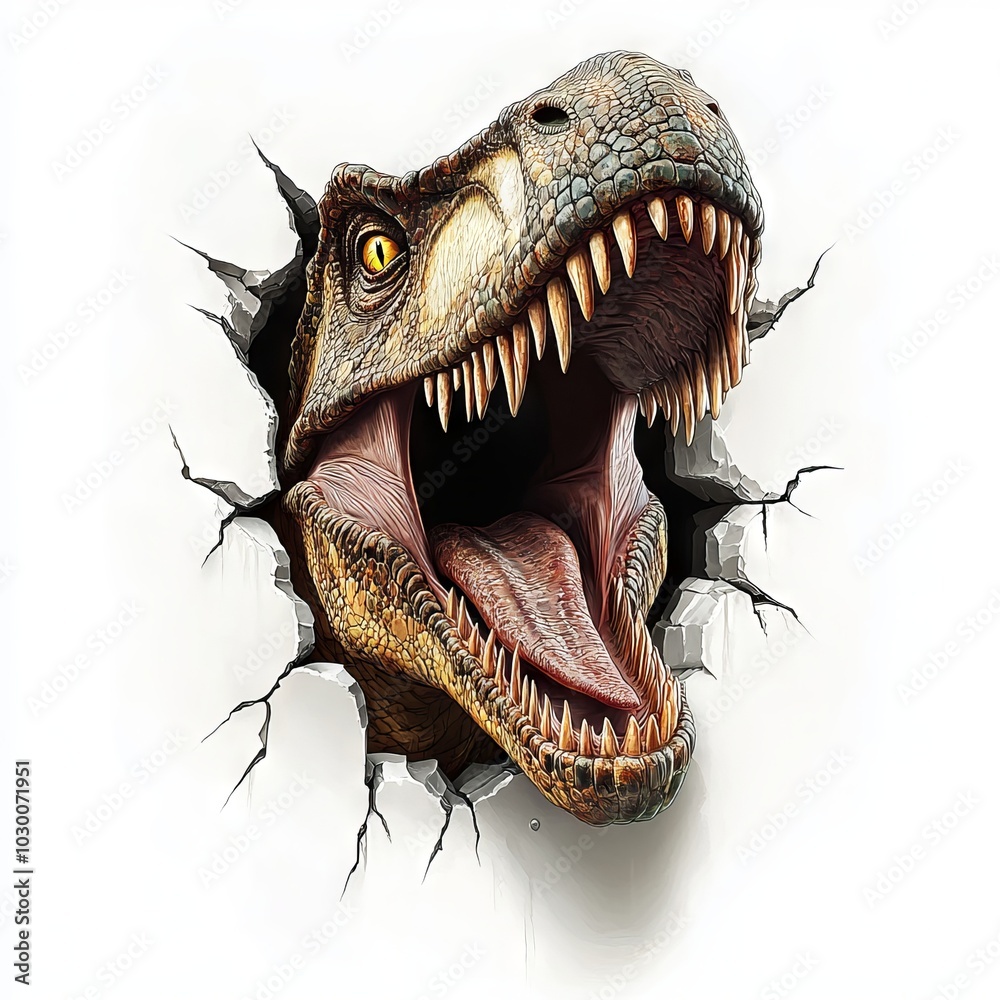 dinosaur jumping out of the wall on white background